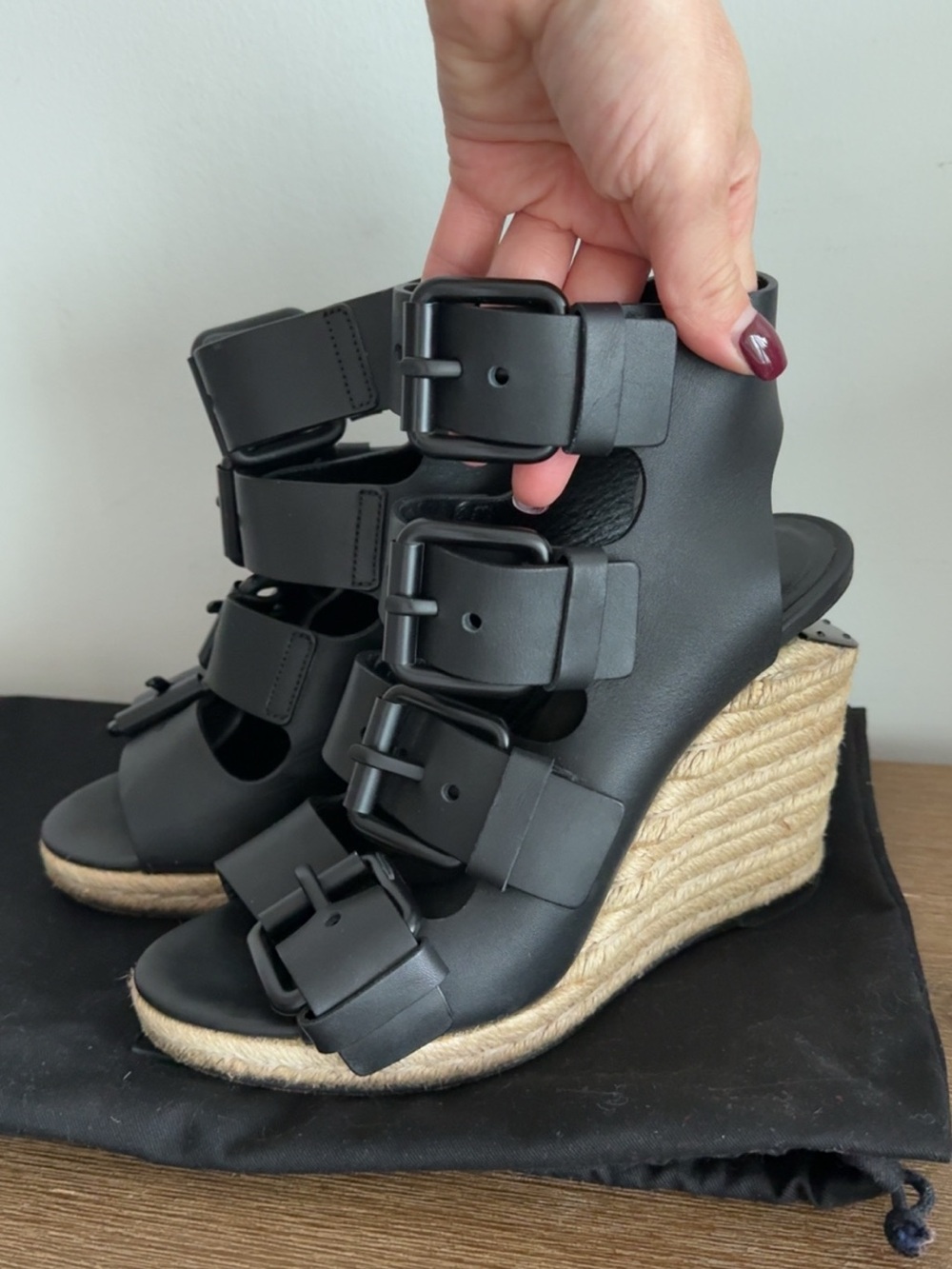 Alexander Wang Black Buckle Espadrille Wedge Sandals size 37